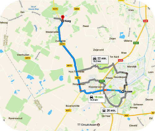 de kaart om Norg te vinden in de provincie Drenthe op de grens met Friesland en in de richting van vliegveld Groningen Eeelde en de stad Groningen
